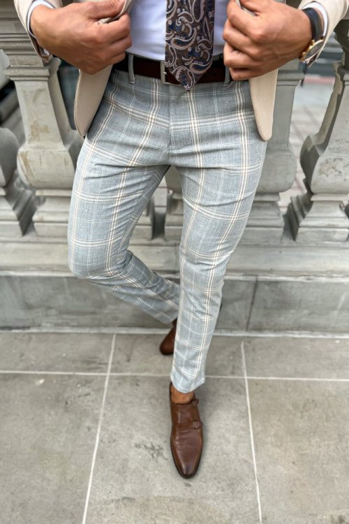 Spodnie męskie materiałowe szare H55 w beżową kratę