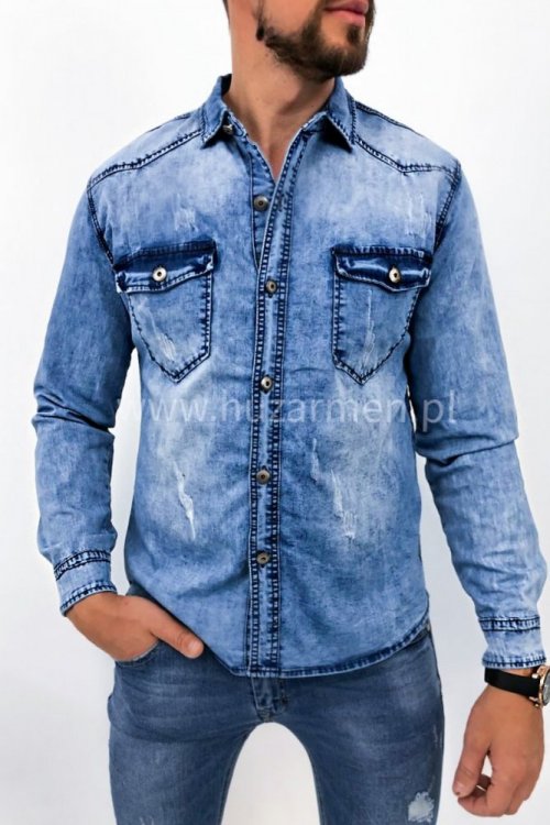 Koszula męska jeans z aplikacją na plecach - niebieska