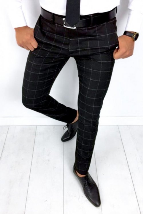 Spodnie męskie materiałowe w delikatną białą kratę H01 czarne