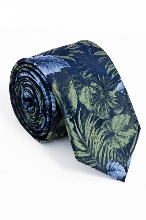 Krawat męski w Liście- Granatowo zielony
