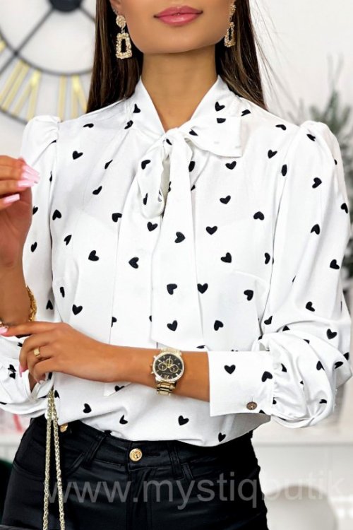 Bluzka STREFFA w serca z wiązaniem pod szyją - white/black