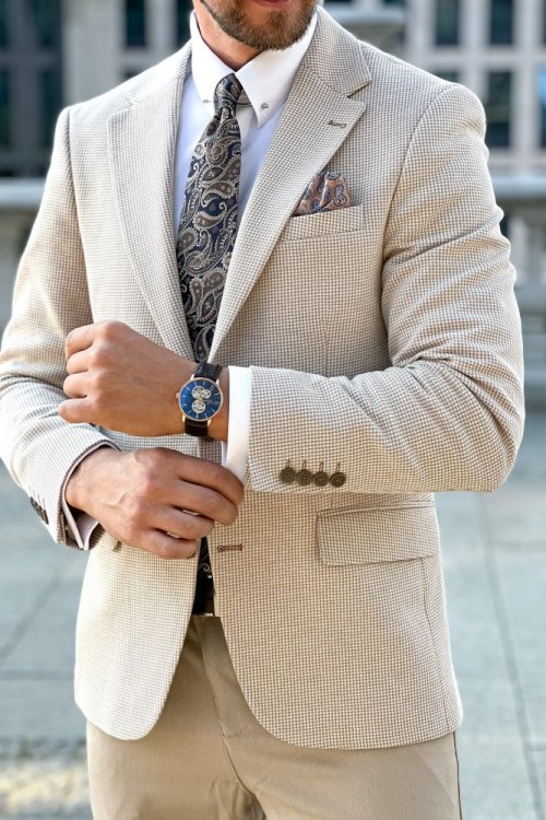 Marynarka męska w drobną pepitkę H120 beż