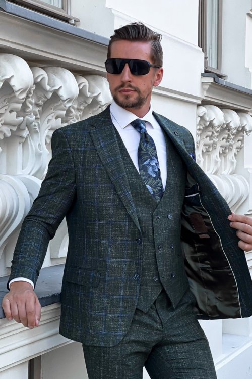 Marynarka męska z kamizelką w zestawie H113 ciemna zieleń