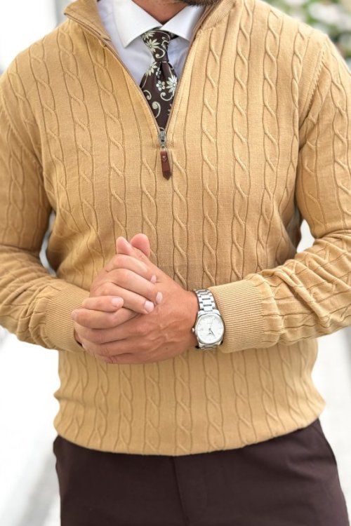 Sweter męski z zamkiem H3 camel