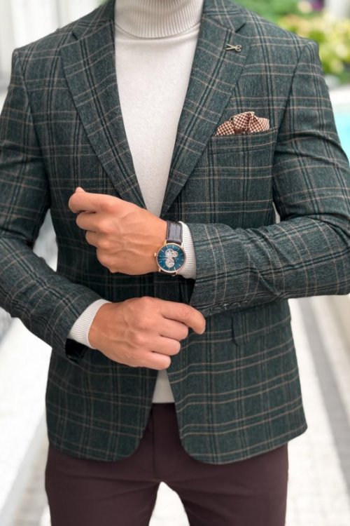 Marynarka męska w kratę H84 zielono czarna