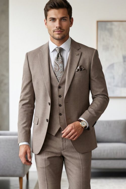 Garnitur męski trzyczęściowy H54 kawowy