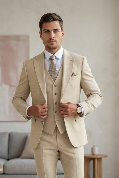 Garnitur męski trzyczęściowy H54 beżowy