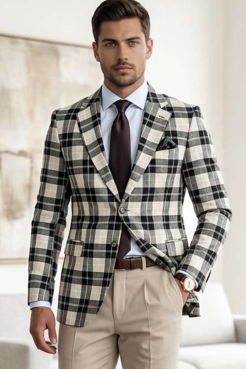 Marynarka męska H57 beżowo brązowa