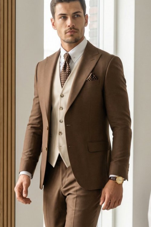 Garnitur męski trzyczęściowy H129 latte