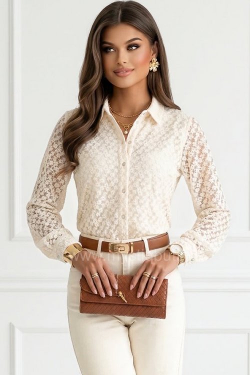 Koszula z gipiury z kołnierzykiem SONATA - beżowa